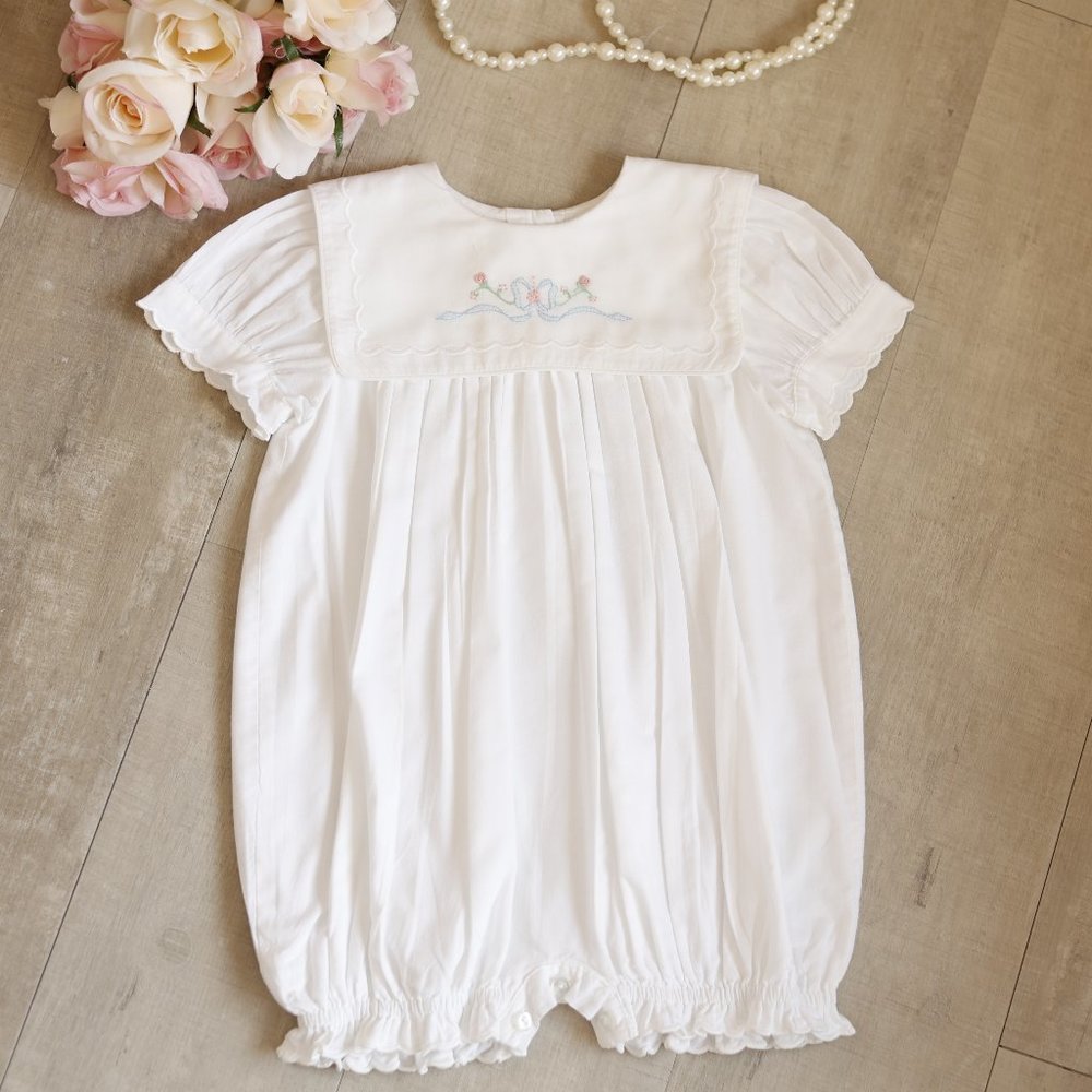 Strasburg Heirloom White Vintage Romper Embroidered Size 3/6 Months RARE FIND